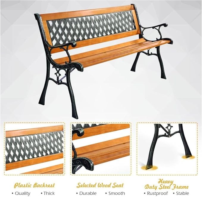 Cast Iron Patio Bench Outdoor - 49.5" Garden Bench for 3 Adults - Black Metal Bench with Wood Seat - Heavy Duty 463 lbs Capacity