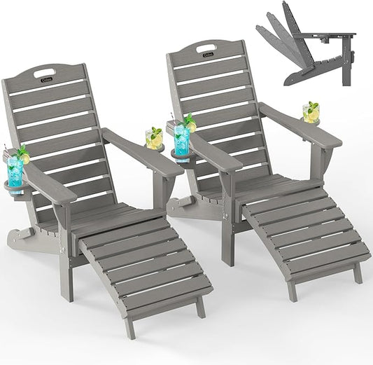 Ciokea Folding Adirondack Chair Set of 2 with Retractable Ottoman, Outdoor Fire Pit Chair with Pull Out Foot Rest Weather Resistant Lawn Patio Chair with 2 Cup Holder (Gray)