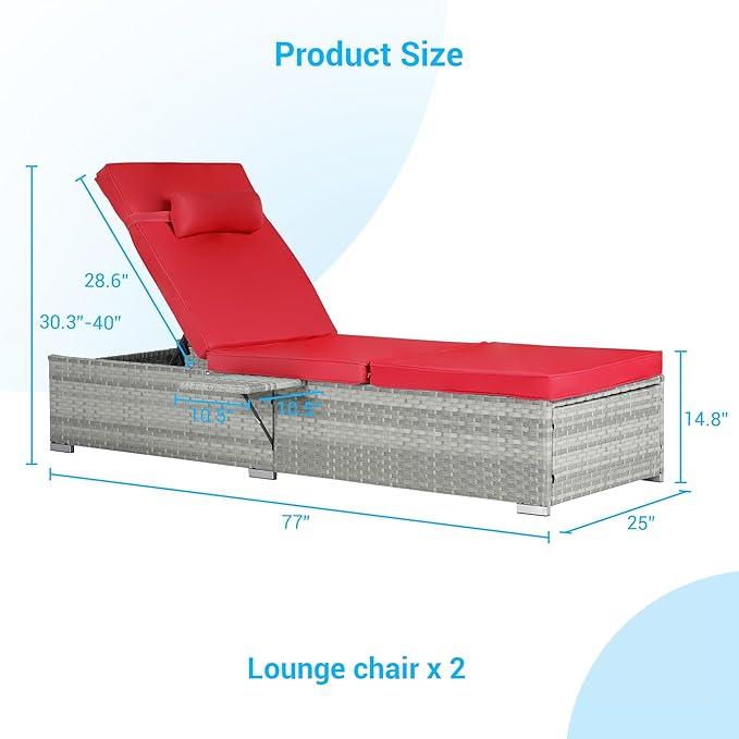 Outdoor Chairs Set of 2, Wicker Patio Furniture Chaise Lounge, Pool Lounge Chairs with Adjustable Backrest, Beach Rattan Recliners for Outside Poolside, Backyard, Garden & Tanning, Red 2