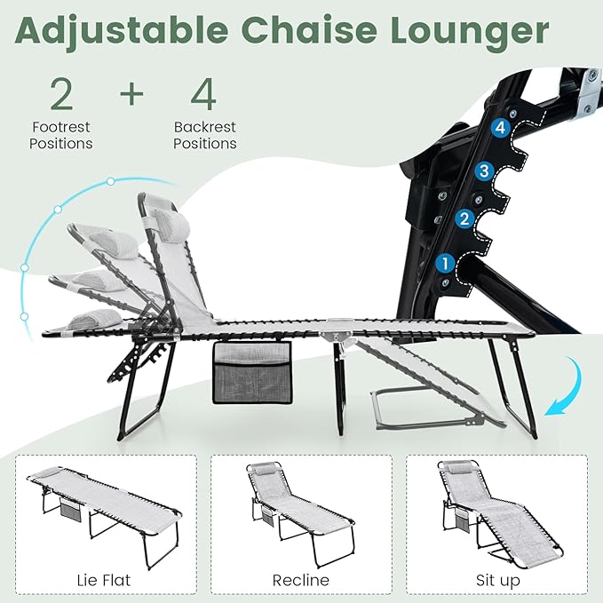 Tangkula Beach Lounge Chair for Outside, Folding Chaise Lounge Outdoor with 4-Position Backrest, Removable Headrest and Side Pocket, Portable Sunbathing Tanning Chair for Patio, Poolside (2, Grey)