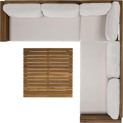 SAFAVIEH Outdoor Patio Furniture Collection - Napoli Oak Brown & Cream Solid Wood 4-Piece Sectional Sofa Set with Coffee Table, Durable Cushions, Modern Outdoor Seating (PAT6806B)