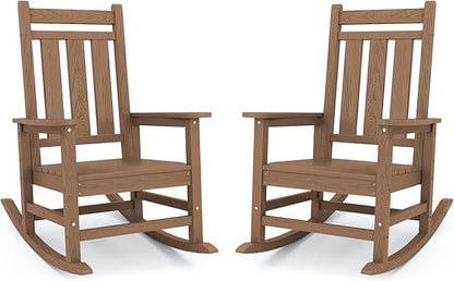 KINGYES Oversized Outdoor Rocking Chair Set of 2, All-Weather Patio Rocking Chairs for Porch, HDPE Outdoor Patio Rockers with High Back & Wide Seat for Garden, Lawn, Brown