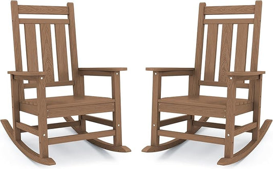 KINGYES Oversized Outdoor Rocking Chair Set of 2, All-Weather Patio Rocking Chairs for Porch, HDPE Outdoor Patio Rockers with High Back & Wide Seat for Garden, Lawn, Brown