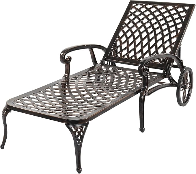 Cast Aluminum Outdoor Chaise Lounge Chair with Wheels, Patio Chaise Lounge with 3-Position Adjustable Backrest, Outdoor Tanning Chair Patio Lounge Chair (Brown)