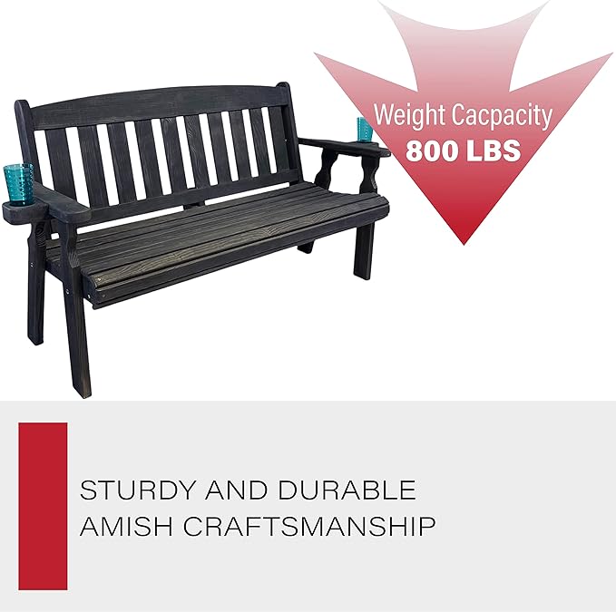 Amish Casual Heavy Duty 800 Lb Mission Pressure Treated Garden Bench with Cupholders (5 Foot, Semi-Solid Black Stain)