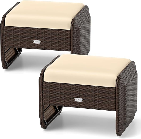 Tangkula 2 Pieces Patio PE Wicker Ottomans with Removable Cushions - Photo 1