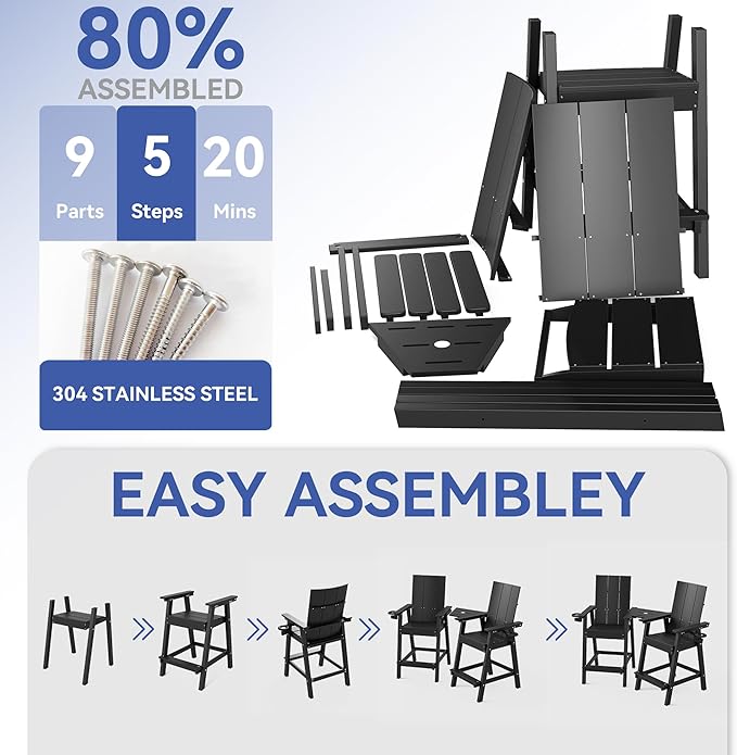 FOOWIN Tall Adirondack Chairs Set of 8,HDPE Adirondack Bar Stools with Connecting Tray & Cup Holders,Weather Resistant Balcony Chair for Outdoor Deck Lawn Pool Backyard Black