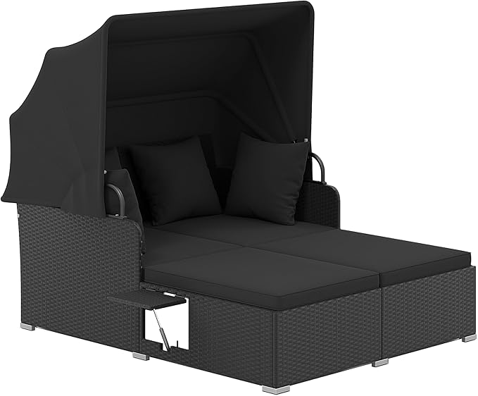 Tangkula Patio Rattan Daybed with Retractable Canopy, Outdoor Wicker Sunbed Lounger with 2 Foldable Side Tables - Photo 1