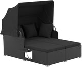Tangkula Patio Rattan Daybed with Retractable Canopy, Outdoor Wicker Sunbed Lounger with 2 Foldable Side Tables - Photo 1
