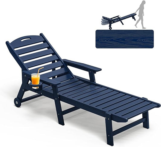 Plawdlik Oversized Patio Chaise Lounge, 5 Positions Adjustable HDPE Outdoor Lounge Chair with Rolling Wheels & Cup Holder,All-Weather for Poolside, Beach, Garden - Navy Blue