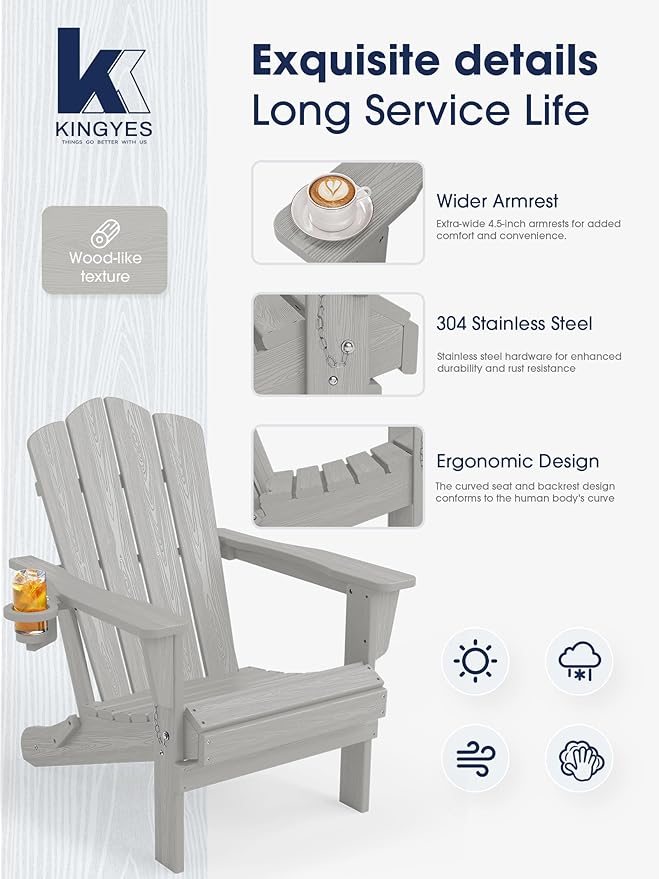 KINGYES Folding Adirondack Chair, HDPE All-Weather Patio Chairs with Cup Holder - Photo 3