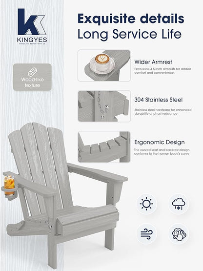 KINGYES Folding Adirondack Chair Set of 8, HDPE All-Weather Patio Chairs with Cup Holder, Wooden Textured Fire Pit Chairs for Poolside, Backyard, Deck, Silver Grey