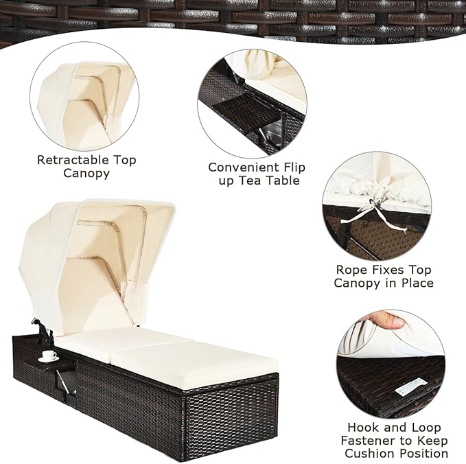 Tangkula Outdoor Chaise Lounge Chair with Folding Canopy, Adjustable Cushioned Reclining Chair with Flip-up Tea Table, Rattan Sun Lounger for Beach Poolside Backyard Balcony Porch