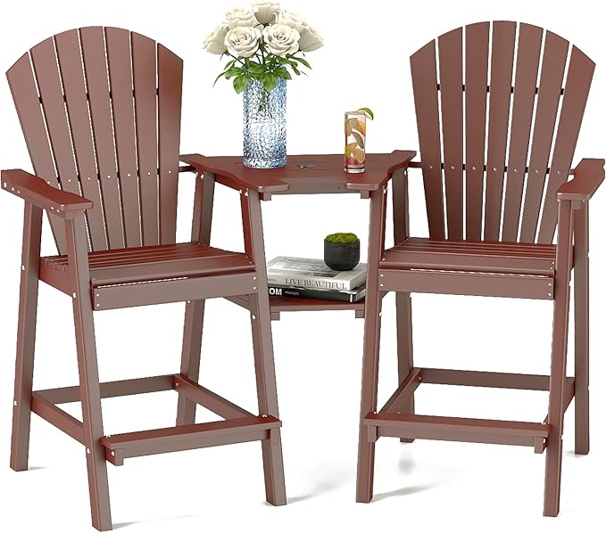 FOOWIN Tall Adirondack Chair Set of 2, All Weather HDPE Bar Height Adirondack Chair with Double Connecting Trays, Adirondack Barstools for Balcony, Deck, Backyard, Patio, Garden Brown