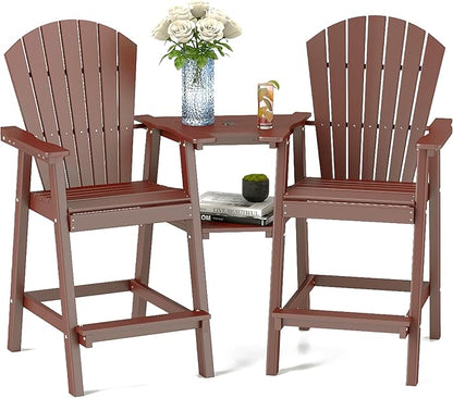FOOWIN Tall Adirondack Chair Set of 2, All Weather HDPE Bar Height Adirondack Chair with Double Connecting Trays, Adirondack Barstools for Balcony, Deck, Backyard, Patio, Garden Brown