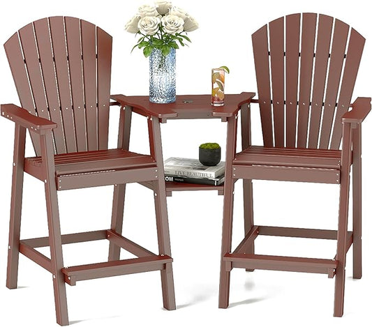 FOOWIN Tall Adirondack Chair Set of 2, All Weather HDPE Bar Height Adirondack Chair with Double Connecting Trays, Adirondack Barstools for Balcony, Deck, Backyard, Patio, Garden Brown
