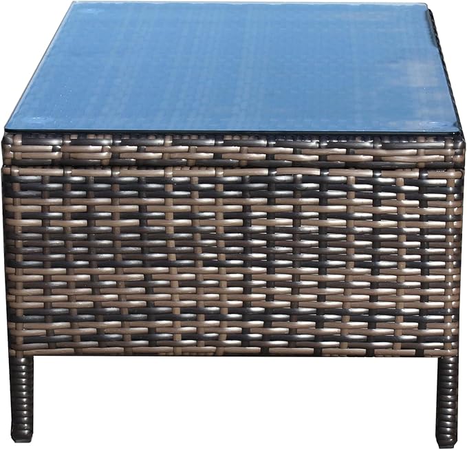 Rattan Wicker Side Table Glass Coffee Table for Outdoor Backyard Lawn Balcony Pool RectangleTempered Glass Top Wicker Rattan End Table Furniture with Storage (Brown3)