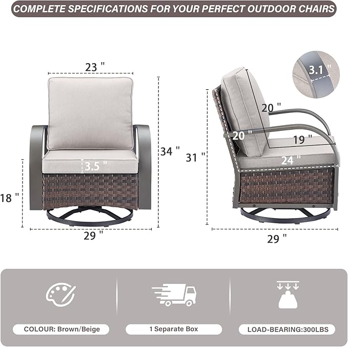 Outdoor Swivel Rocker Patio Chairs Set of 2, Heavy Duty Swivel Rocking Patio Chairs with Wide Metal Armrests, 2 Pieces Patio Furniture Wicker Glider Chairs Set with Removble Cushions for Porch Sunroom