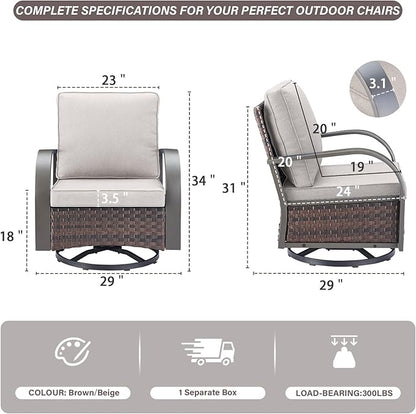 Outdoor Swivel Rocker Patio Chairs Set of 2, Heavy Duty Swivel Rocking Patio Chairs with Wide Metal Armrests, 2 Pieces Patio Furniture Wicker Glider Chairs Set with Removble Cushions for Porch Sunroom