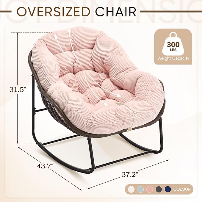 Large Indoor Rocking Chair, Oversized Rocking Papasan Chair with Thick Cushion and Frame,Comfy Corduroy Rocker Wicker Egg Chairs Lounge Reading Chair for Living Room, Bedroom, Apartment, Pink