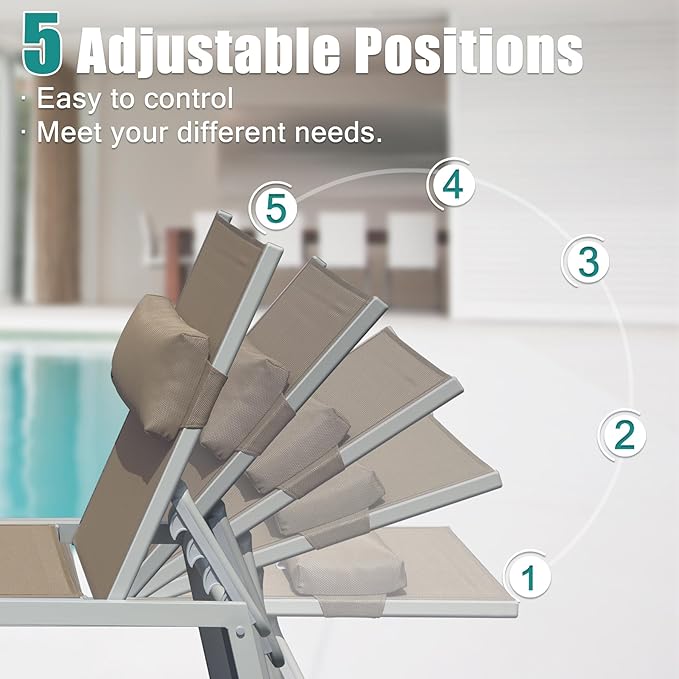 Domi Outdoor Lounge Chairs Set of 3, Upgraded Aluminum Chaise Lounge Chair with 5 Adjustable Positions, Patio Lounge Chair for Pool, Deck, Lawn, Garden, 2 Pool Chairs and 1 Side Table, Khaki