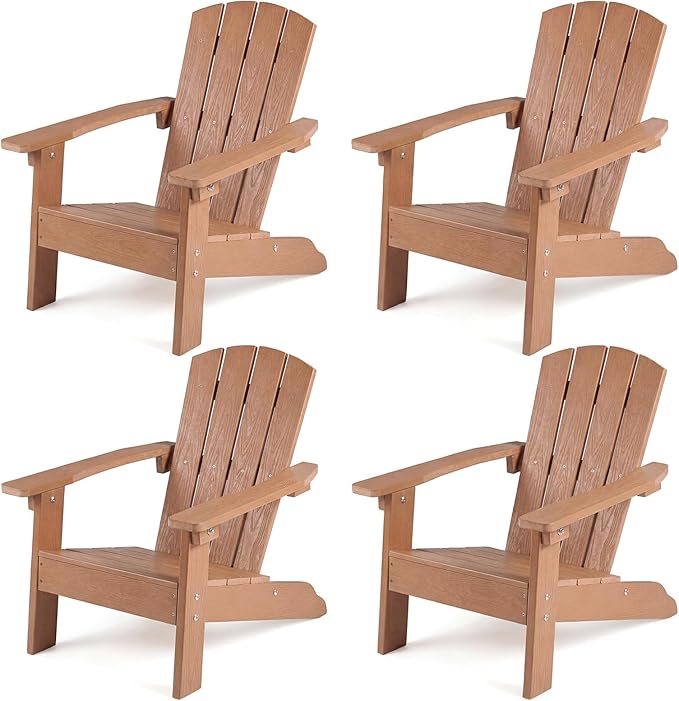 KOTEK Kids Adirondack Chair Set of 4, Plastic Toddler Lawn Chair with Ergonomic Seat, Wood-Grain Texture, Easy to Assemble, All-Weather Outdoor Kids Chairs for Patio, Garden, Backyard (Teak)