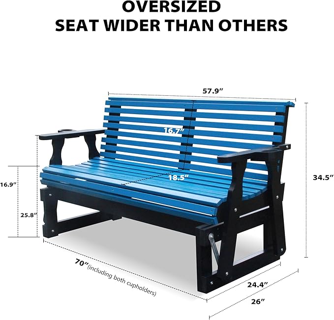 3-Seater Outdoor Glider Chair, 5FT Wood Porch Glider with High Roll Back, Cupholders and Deep Contoured for Porch, Garden, Dark Grey and Blue