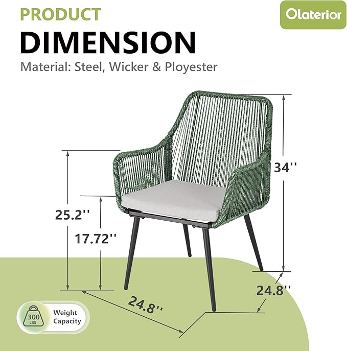 Patio Dining Chairs, Outdoor Dining Chairs with Armrest & Cushion Set of 2, All-Weather Woven Twisted Wicker Rattan Chair, Modern Indoor Outdoor Seating for Garden Lawn Backyard Green