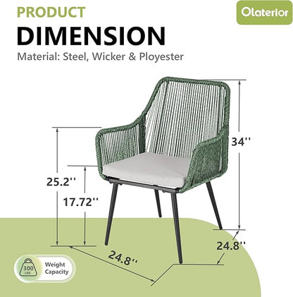 Patio Dining Chairs, Outdoor Dining Chairs with Armrest & Cushion Set of 2, All-Weather Woven Twisted Wicker Rattan Chair, Modern Indoor Outdoor Seating for Garden Lawn Backyard Green