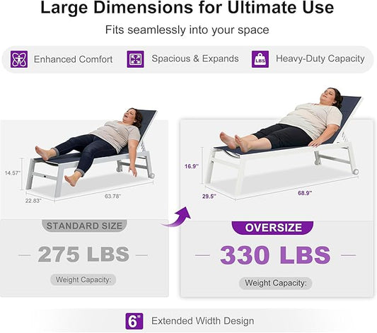 PURPLE LEAF Outdoor Oversized Chaise Lounge Set for Tall & Strong Individuals Adjustable Recliner Extra Wide Lounge Chairs with Side Table for Poolside Beach Patio Aluminum Chaise Lounger Navy Blue