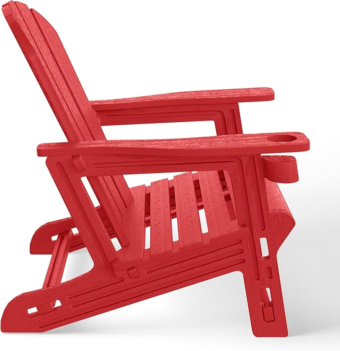 Costaelm Cayman Hardware-Free Assembly Outdoor Patio HDPE Poly Plastic Adirondack Chair with Cup Holder (Set of 2), Red
