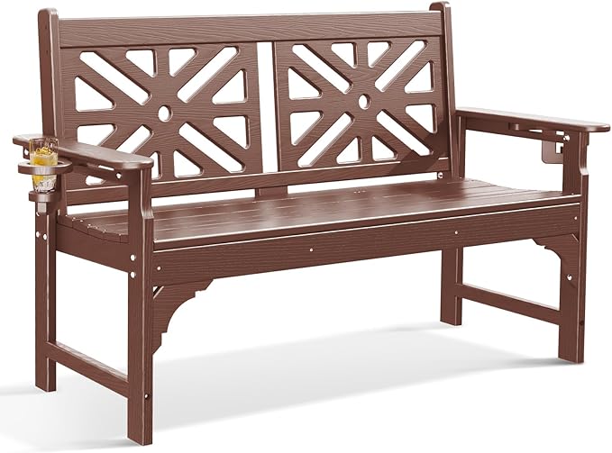 nalone Outdoor Bench with Cup Holders, HDPE All Weather Porch Bench Load up to 800 Lbs - Photo 1
