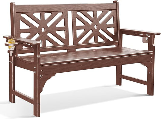 nalone Outdoor Bench with Cup Holders, HDPE All Weather Porch Bench Load up to 800 Lbs, 2-Person Garden Benches Rot-Proof Fade Proof for Patio, Porch, and Park (Brown)
