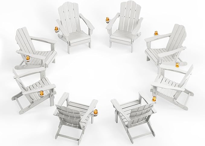 KINGYES Folding Adirondack Chair Set of 8, HDPE All-Weather Folding Adirondack Chair, White