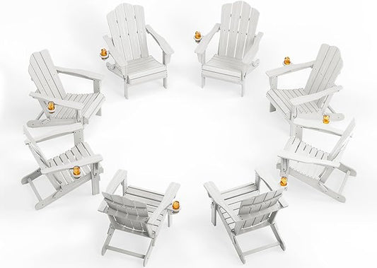 KINGYES Folding Adirondack Chair Set of 8, HDPE All-Weather Folding Adirondack Chair, White