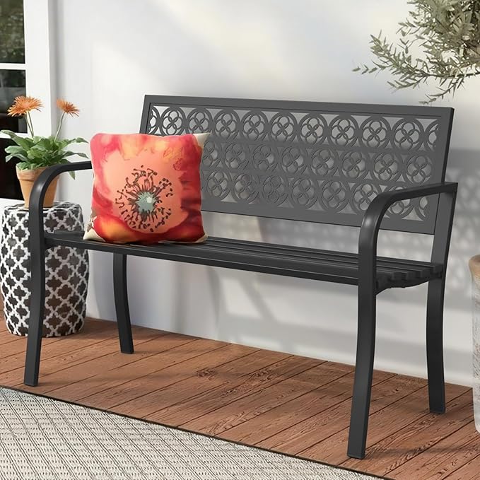 44" Outdoor Garden Bench, Iron Metal Frame Patio Bench with Backrest Armrests, Weatherproof Anti-Rust Outdoor Bench for Front Porch, Park, Yard, Patio (411-Black)