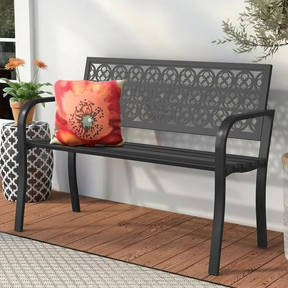 44" Outdoor Garden Bench, Iron Metal Frame Patio Bench with Backrest Armrests, Weatherproof Anti-Rust Outdoor Bench for Front Porch, Park, Yard, Patio (411-Black)