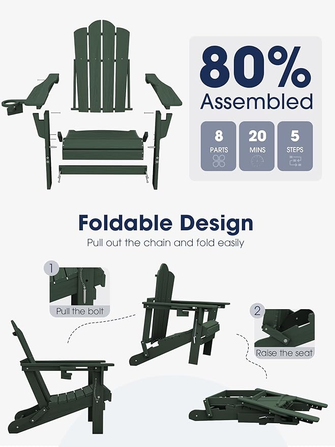 KINGYES Adjustable Folding Adirondack Chair, 3-Position Reclining Adirondack Chairs with Cup Holder, HDPE All-Weather Oversized Adirondack for Outdoor, Patio, Backyard Deck, Fire Pit, Green