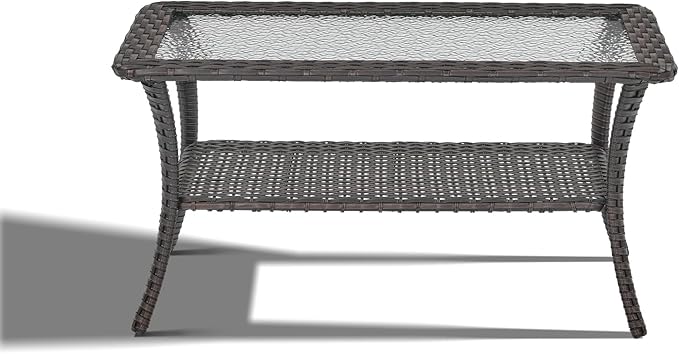 Outdoor Coffee Table - Patio Rattan Wicker Coffee Table with Tempered Glass Top and 2-Tier Storage Outdoor Table for Deck Porch Balcony Garden - Brown