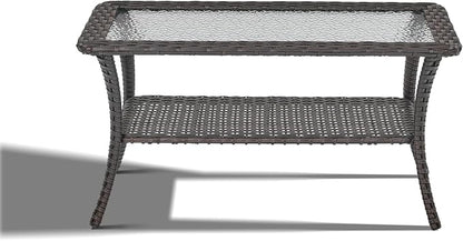 Outdoor Coffee Table - Patio Rattan Wicker Coffee Table with Tempered Glass Top and 2-Tier Storage Outdoor Table for Deck Porch Balcony Garden - Brown