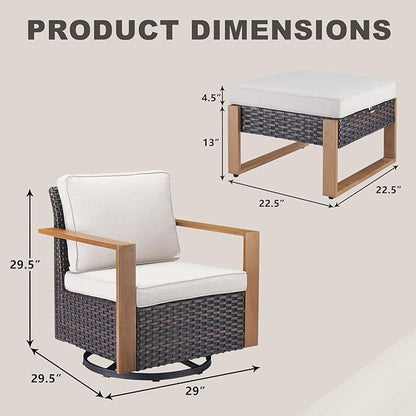 Rilyson Outdoor Wicker Patio Furniture Set - 4 Piece Patio Conversation Set with 2 Wicker Swivel Rocker Chairs,2 Rattan Ottoman, Thick Cushions, Deep Seating, Wide Armrest(Brown/Beige)