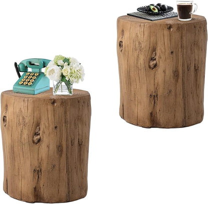 HOMPUS Concrete Outdoor Side Table Set of 2, 2 Piece Tree Stump Modern Round Coffee Table Accent Table Set Plant Stand Faux Wood End Table Garden Stool for Patio,Home Decor, Living Room, Oak
