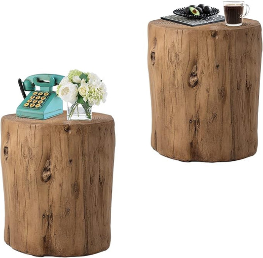 HOMPUS Concrete Outdoor Side Table Set of 2, 2 Piece Tree Stump Modern Round Coffee Table Accent Table Set Plant Stand Faux Wood End Table Garden Stool for Patio,Home Decor, Living Room, Oak