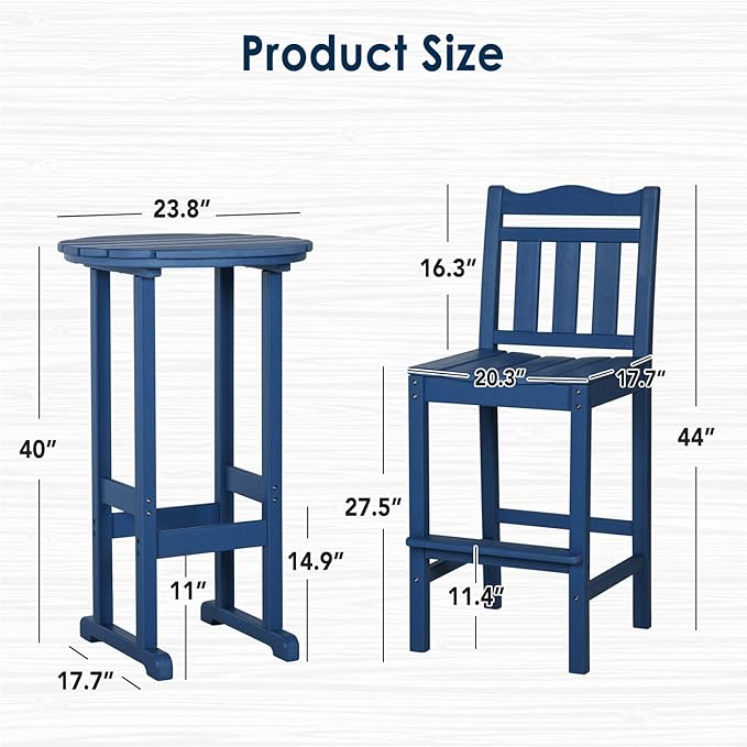 nalone Outdoor Bar Chairs and Table Set, HDPE Balcony Adirondack Chairs and Tables 3 Pieces Set - Photo 3