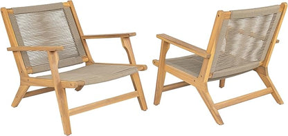 Christopher Knight Home Veera Patio Chair Set of 2 with Acacia Wood Frame and Handwoven Rope, Outdoor Lounge Chair, Stylish Outdoor Accent Chair for Garden/Deck/Backyard, Beige + Light Teak