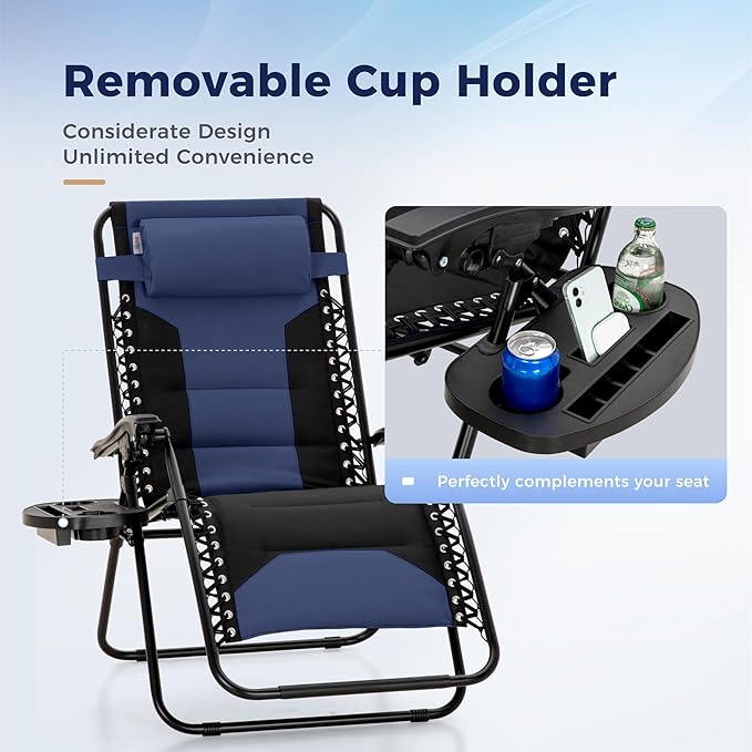 MAISON ARTS Oversized Zero Gravity Chairs Set of 2, Folding Padded Recliner Anti Gravity Lounge Chair with 28" Wide Seat and Cup Holder, Support 400lbs, Blue & Black