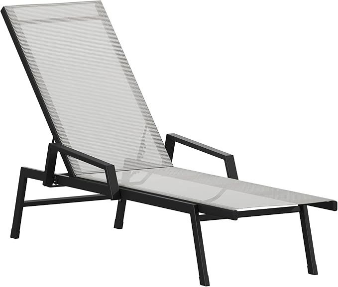 Flash Furniture Brazos Adjustable Chaise Lounge Chair with Arms, All-Weather Outdoor Five-Position Recliner, Black/Gray - Photo 1
