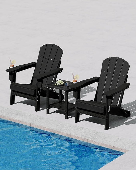 Folding Adirondack Chair Set of 2 with Side Table, All-Weather HDPE Outdoor Chair, Wooden Textured with Cup Holder for patios, Decks, Gardens, fire pits, Black