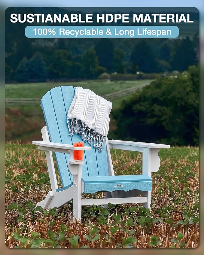 Folding Adirondack Chair –Recyclable HDPE Outdoor Adirondack Patio Chair with Cup Holder, Wood Texture & Umbrella Hole - Photo 3