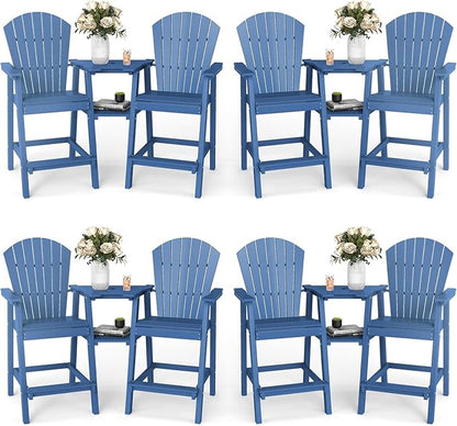 FOOWIN Tall Adirondack Chair Set of 8, All Weather HDPE Bar Height Adirondack Chair with Double Connecting Trays, Adirondack Barstools for Balcony, Deck, Backyard, Patio, Garden Navy Blue